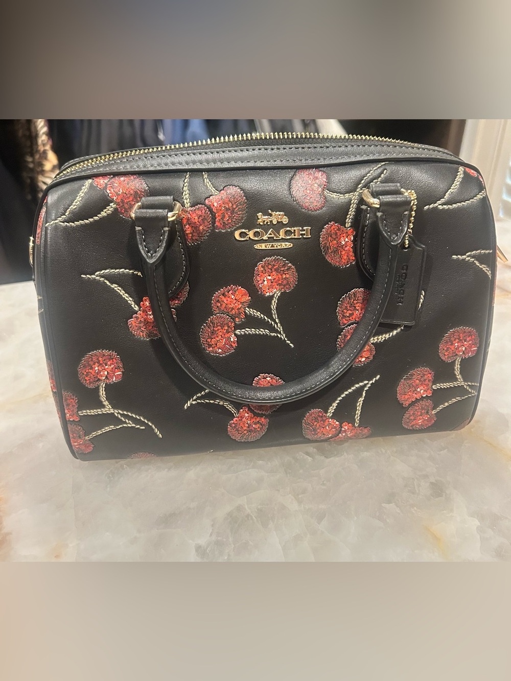 Coach Black Satchel with Red Sequin Cherry Motif